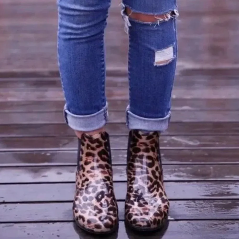 J. Crew Leopard Print Rain Chelsea Boots - Black Elastic